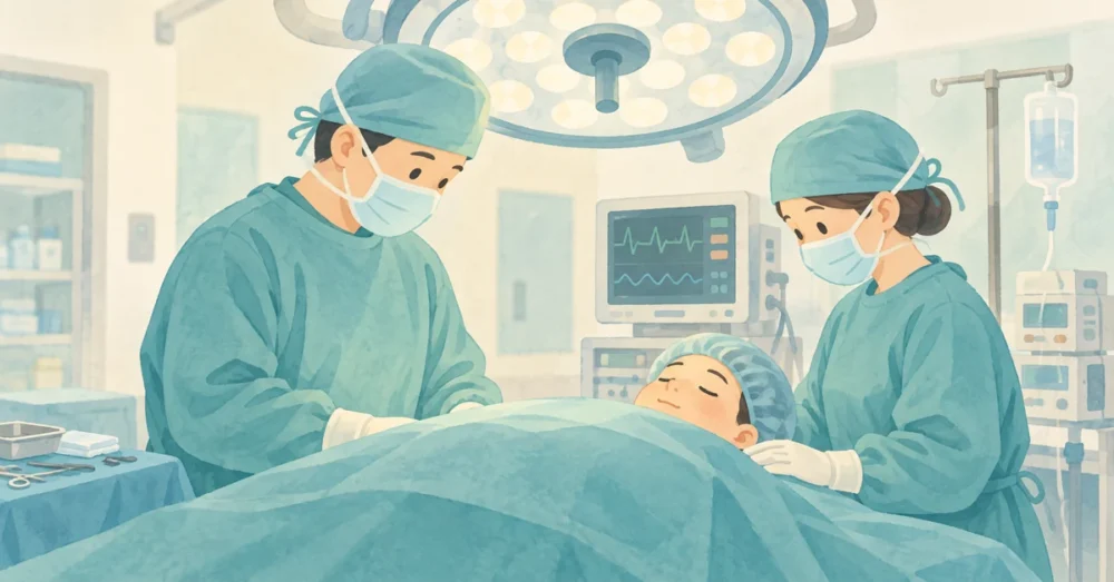 手術室で患者の治療にあたる医療スタッフのイラスト