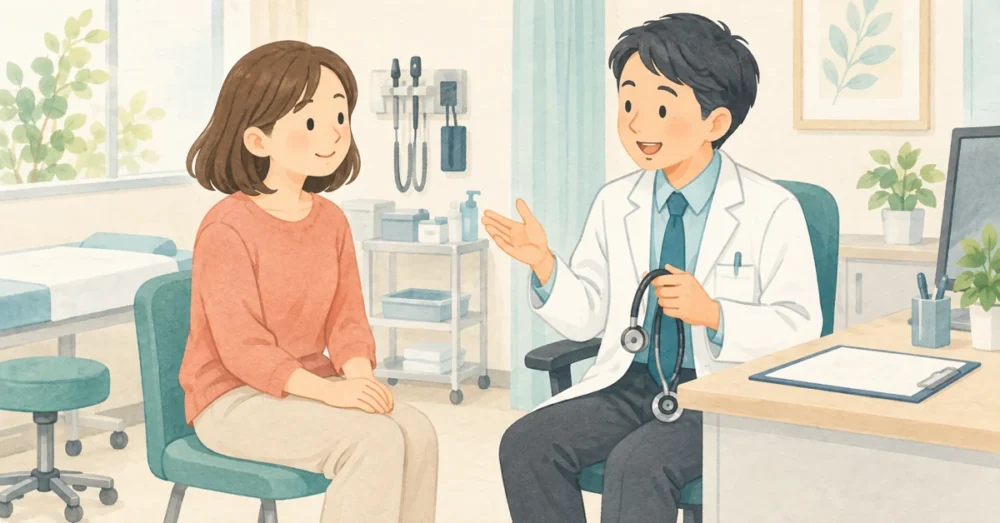 外来の診察室で医師の診察を受ける患者のイラスト