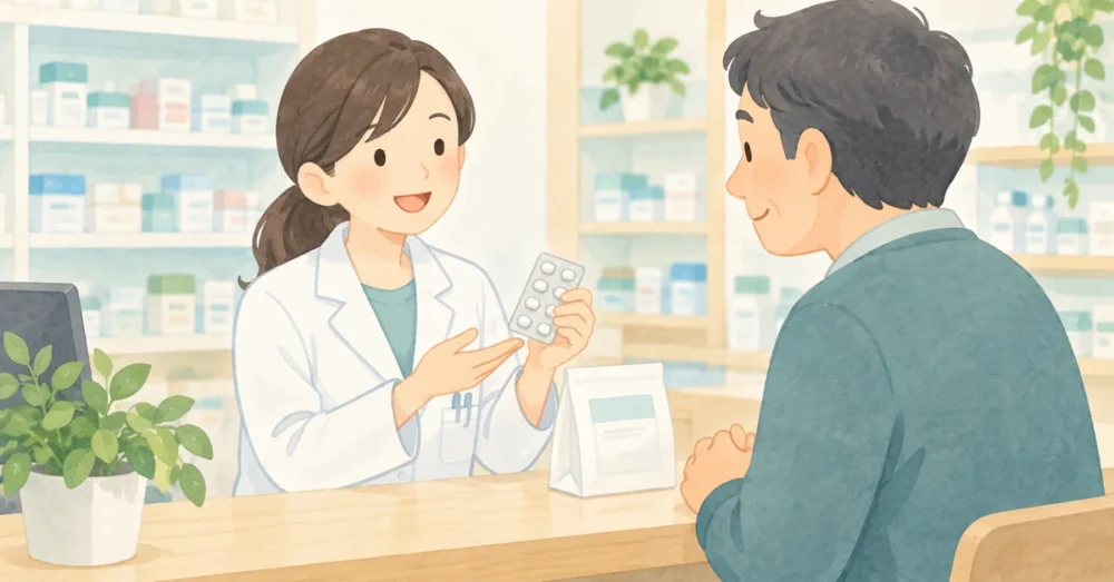 薬局で処方薬の説明を受ける患者と薬剤師のイラスト