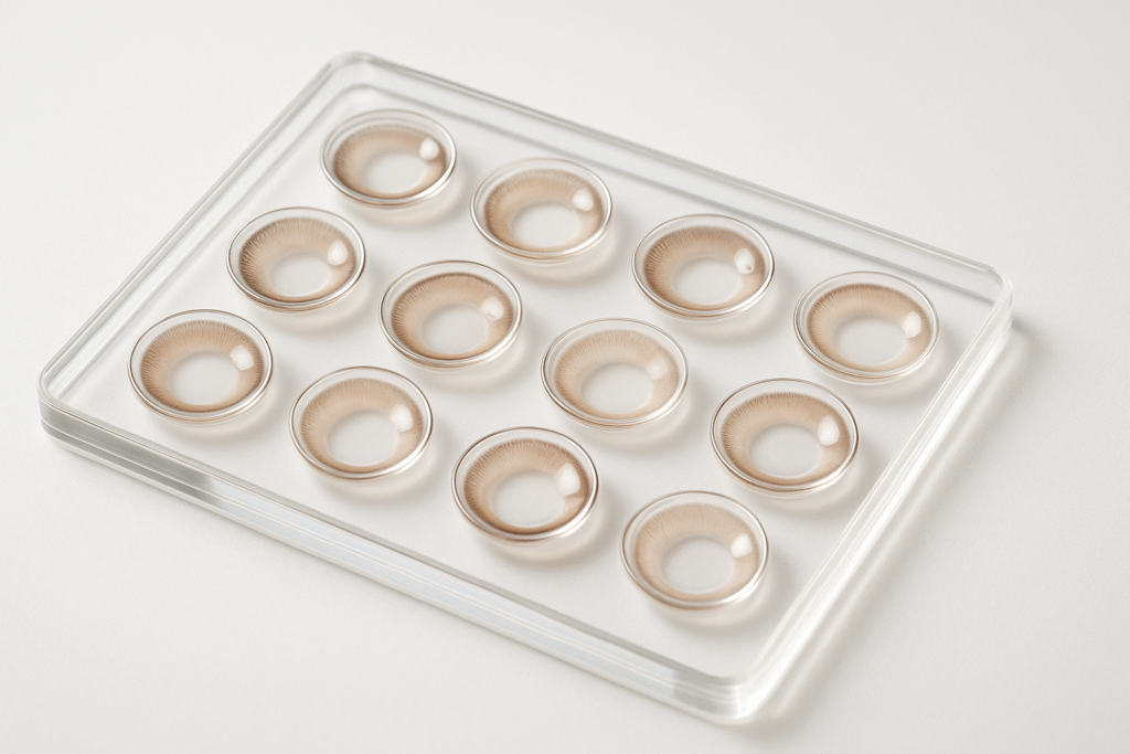 自然なブラウン系ニュアンスのカラコン見本を並べた俯瞰イメージ