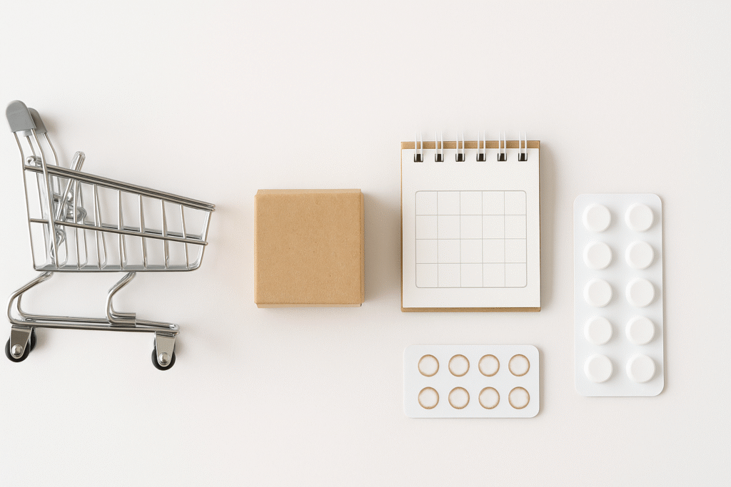 ショッピングカート・配送ボックス・カレンダー・“10個の点”を並べたミニマル写真コラージュ（白背景）