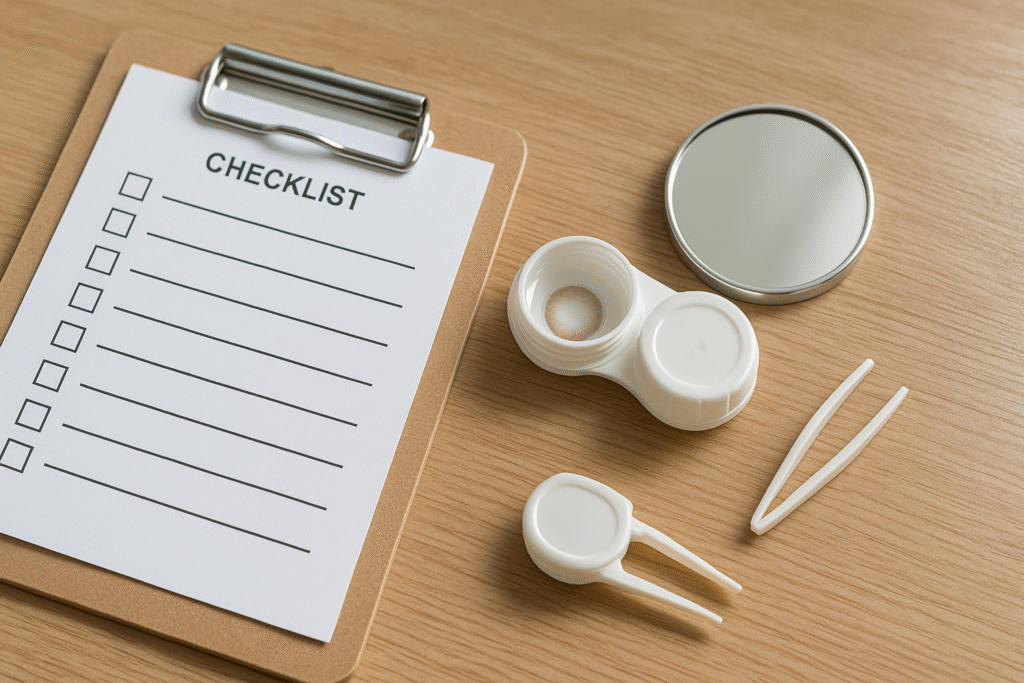 木目テーブルに置いたチェックリスト、レンズケース、丸ミラー、ピンセットの俯瞰（清潔感・ロゴなし）