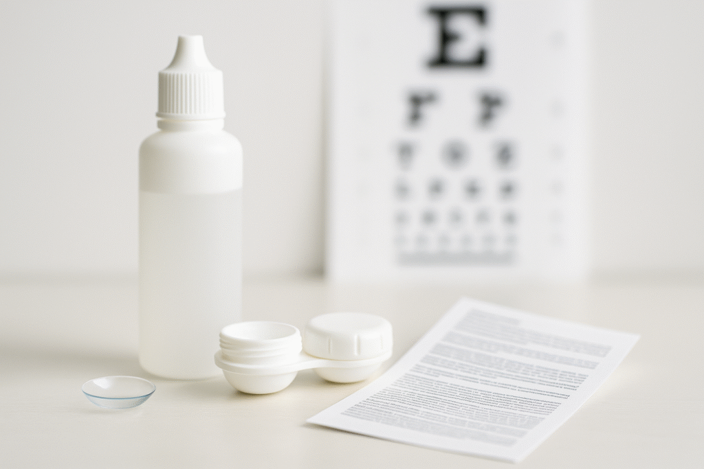 白いデスクに置かれた洗浄液・レンズケース・取扱説明書、背景にぼかした視力表（医療感・ロゴなし）