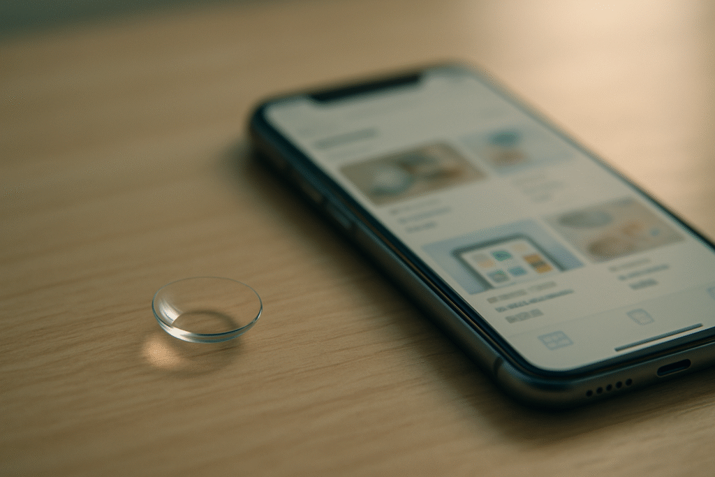 淡い自然光のデスクに透明レンズとスマホを並べた静物。購入前の“最後のひと押し”を感じるシネマティック写真