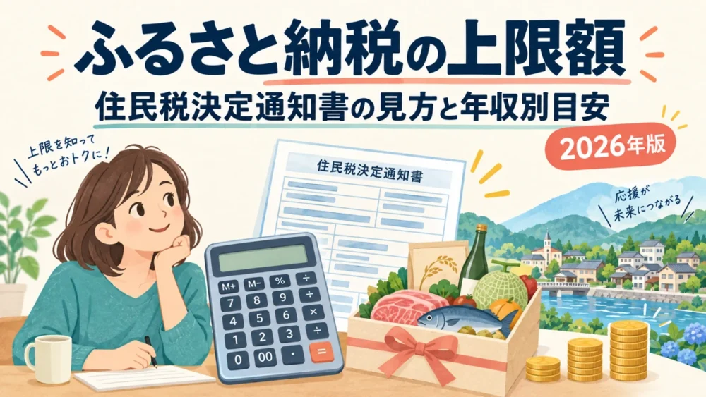 ふるさと納税の上限額と住民税決定通知書の見方を紹介するアイキャッチ