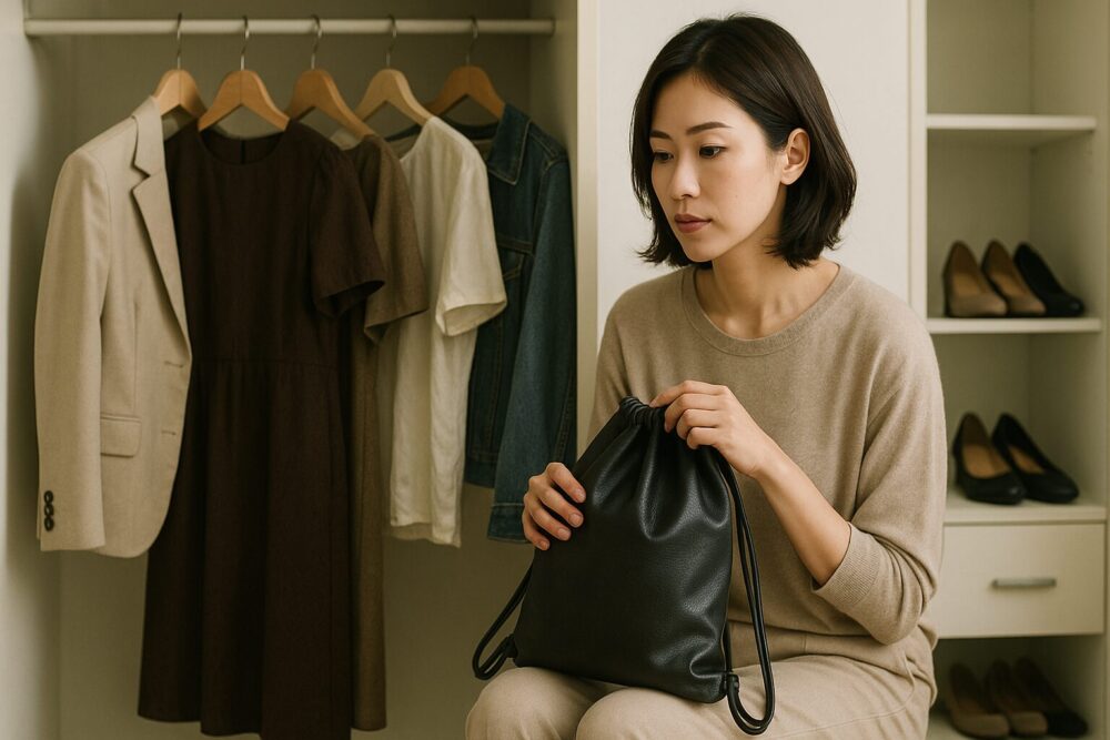 クローゼットの手持ち服を見ながら、自分に似合うナップサックを選んでいる30代大人女子