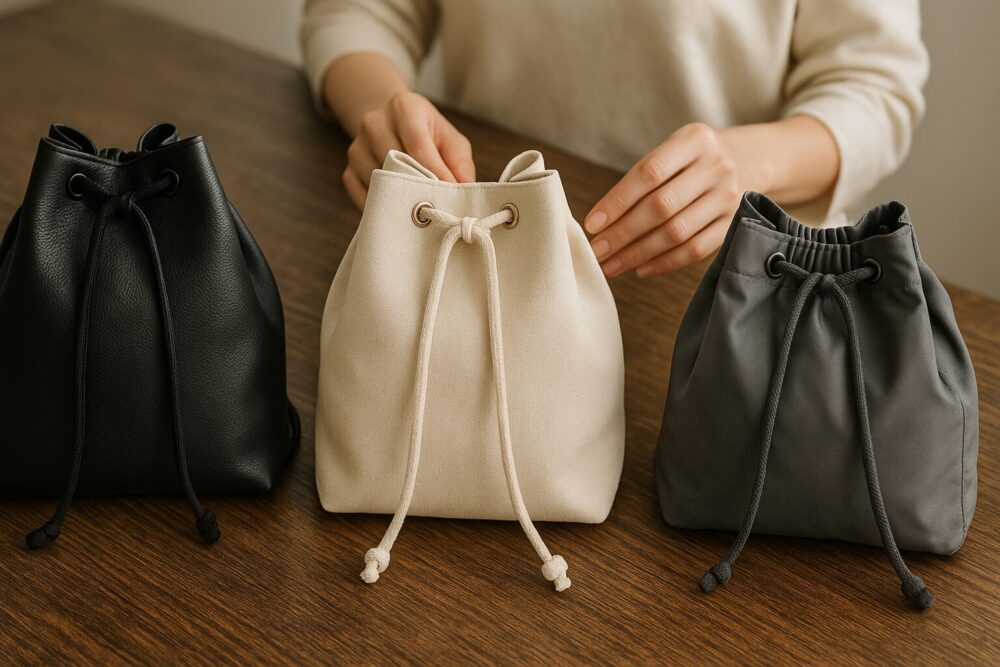 黒レザー・ベージュキャンバス・グレーナイロンの3色素材のナップサックを比べるシーン。おしゃれに見える色と素材の選び方イメージ