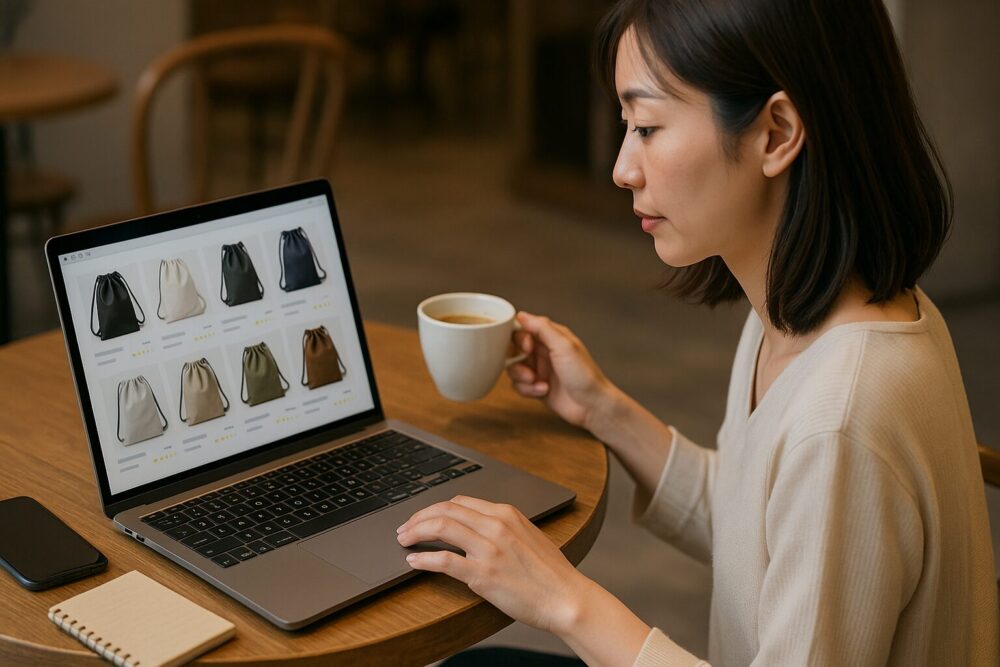 カフェでオンラインショップのナップサックを比較しながら、おしゃれな一つを探している30代女性