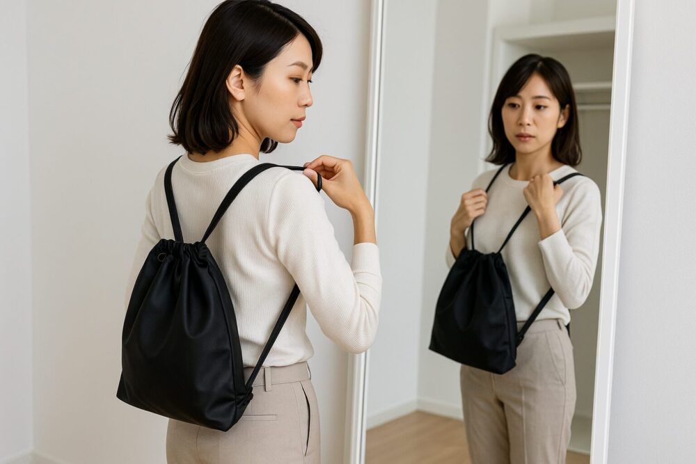 30代大人女子が鏡の前でナップサックのおしゃれなバランスと紐の長さをチェックしている様子