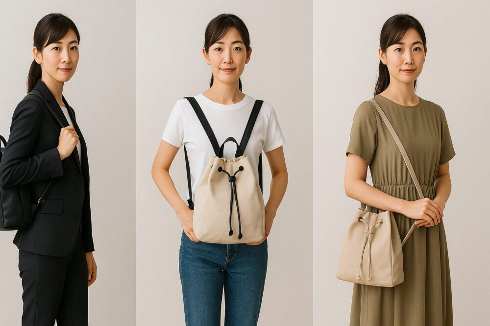 通勤・休日カジュアル・ワンピースの3パターンでおしゃれにナップサックを持つ30代女性のコーデ例