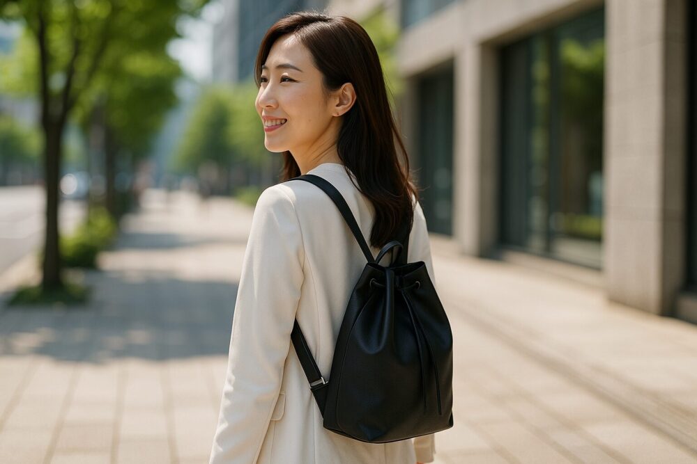 おしゃれなナップサックを背負って朝の街を軽やかに歩く30代大人女子。毎日の定番バッグになったイメージ