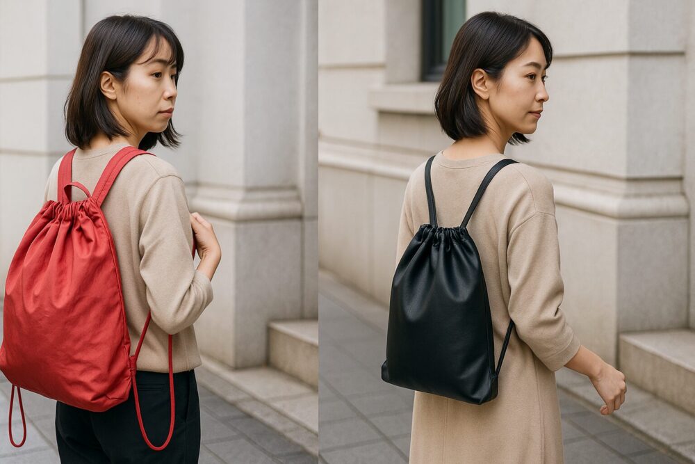 大きすぎて学生感のあるナップサックと、大人女子向けにバランスよく持ったおしゃれナップサックの比較イメージ