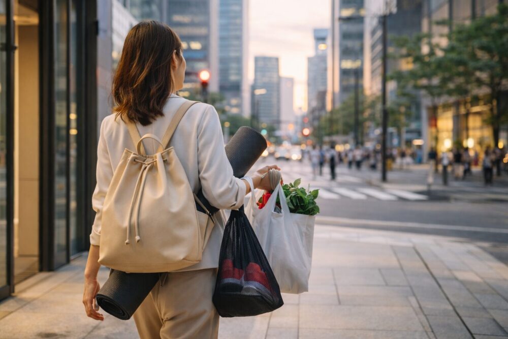 「仕事帰りにナップサックを背負ってジムや買い物に向かう30代女性。大人女子のライフスタイル変化がナップサック流行を後押ししているイメージ」