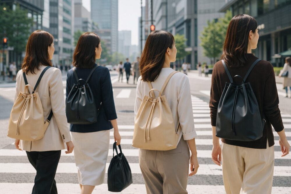 「通勤スタイルにナップサックを取り入れた20〜30代女性たちの街角スナップ。ナップサックが大人女子の間で流行している様子」