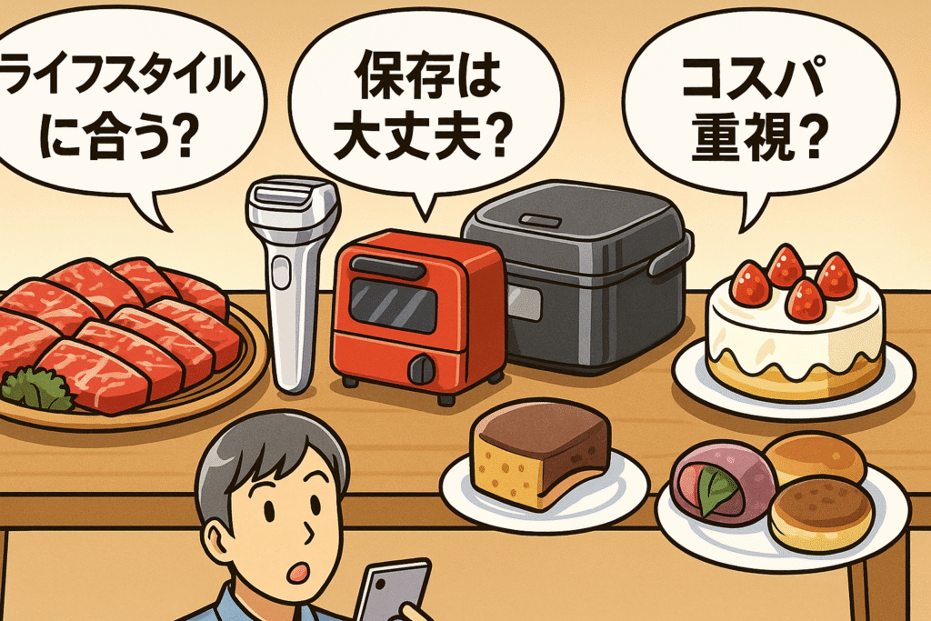 ふるさと納税返礼品の選び方を示す漫画風イラスト。牛肉・家電・スイーツ・海鮮が並び、吹き出しで保存方法やコスパを質問している。