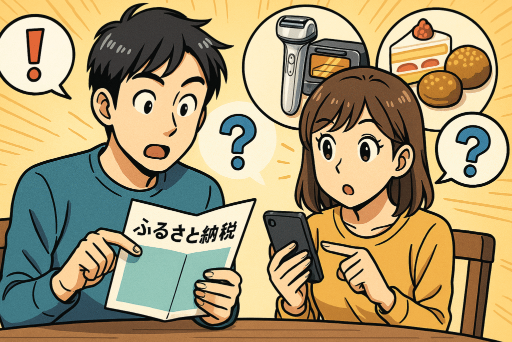ふるさと納税に関するQ&Aをイメージした漫画風イラスト。男女がスマホを見ながら疑問を投げかけ、背景に牛肉や家電のイラストが浮かぶ。