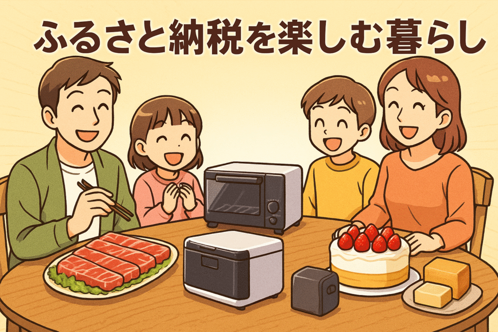 ふるさと納税返礼品を家族で楽しむ暮らしを表現した漫画風イラスト。食卓に牛肉・家電・スイーツ・魚介が並び、笑顔で団らんしている。