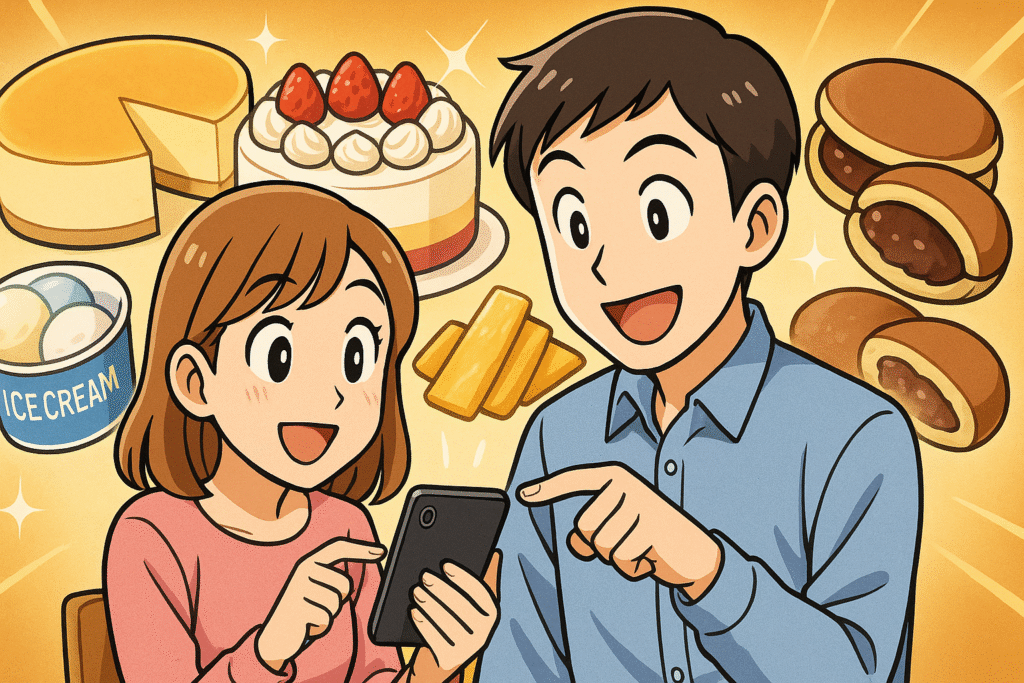 ふるさと納税でスイーツ返礼品が人気な理由を表す漫画風イラスト。男女がスマホ画面を見ながら選んでおり、背景にケーキやアイス、和菓子が浮かんでいる。