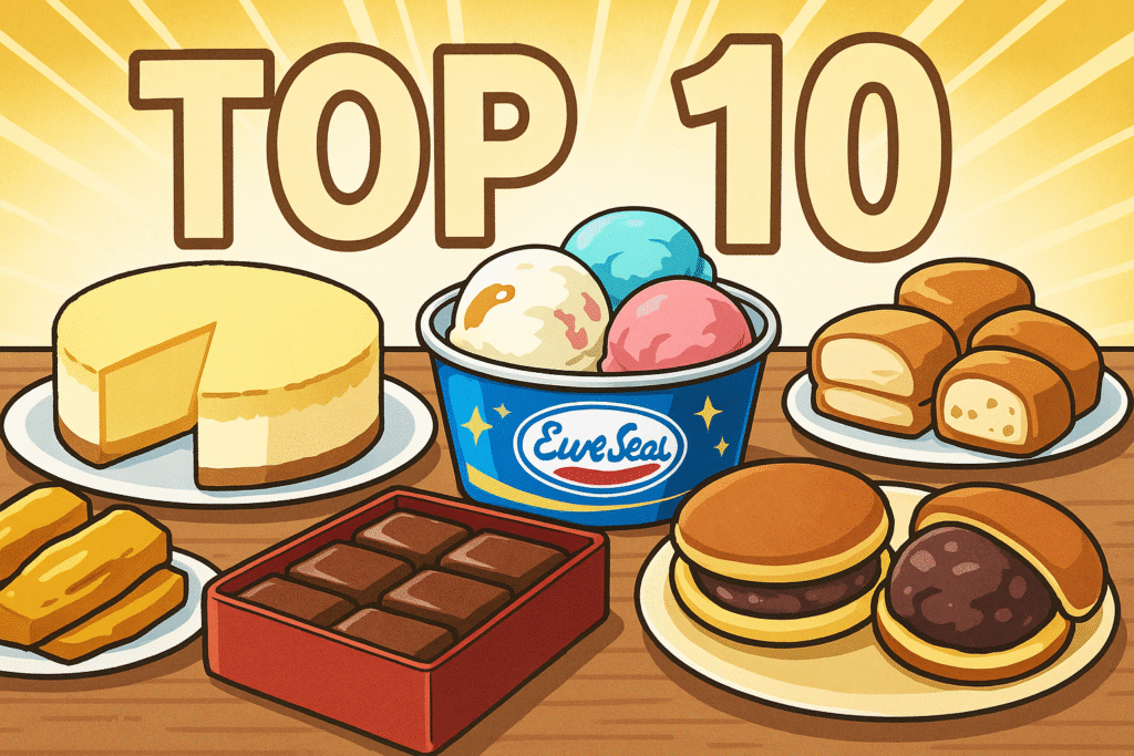 ふるさと納税のスイーツ返礼品人気ランキングTOP10を表現した漫画風イラスト。色鮮やかなチーズケーキやアイス、生チョコ、和菓子がテーブルに並び、背景に“TOP10”を連想させる装飾。