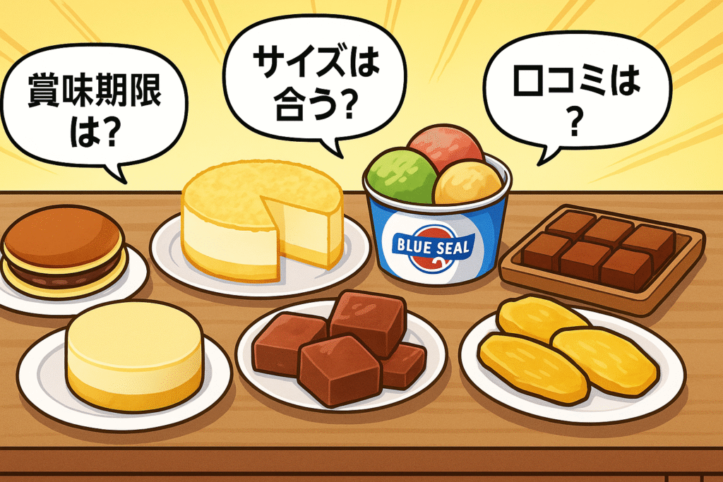 ふるさと納税のスイーツ返礼品を選ぶポイントを示す漫画風イラスト。テーブルにスイーツが並び、吹き出しで「賞味期限は？」「サイズは合う？」「口コミは？」と表示されている。