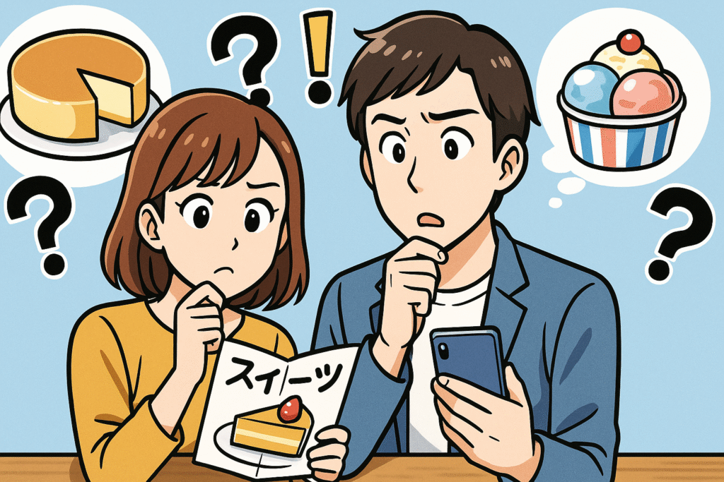 ふるさと納税のスイーツ返礼品に関するQ&Aを表現した漫画風イラスト。男女が首をかしげてパンフレットを見ながら質問し、背景に“？”や“！”のアイコンとスイーツが浮かぶ。