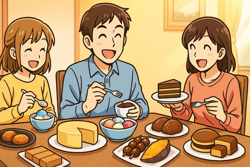 ふるさと納税のスイーツ返礼品を楽しむ暮らしを描いた漫画風イラスト。ダイニングテーブルにケーキや和菓子が並び、家族や友人が笑顔で楽しんでいる温かいシーン。