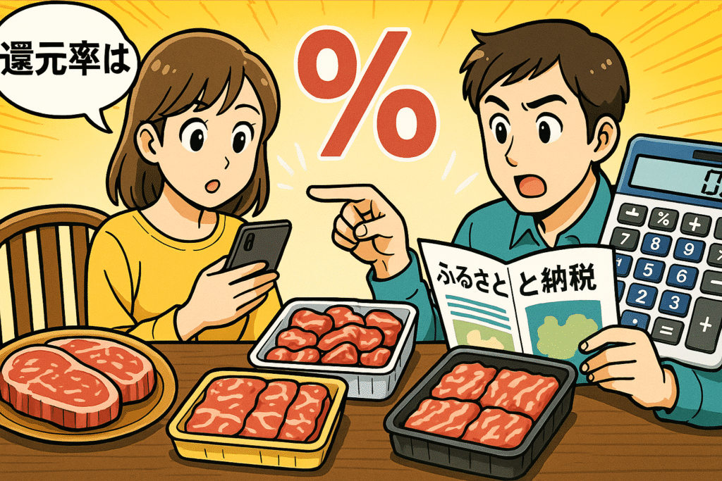 ふるさと納税の牛肉返礼品の還元率をイメージした漫画風イラスト。牛肉と電卓、％マークが描かれ、男女が「どれがお得？」と比較している。