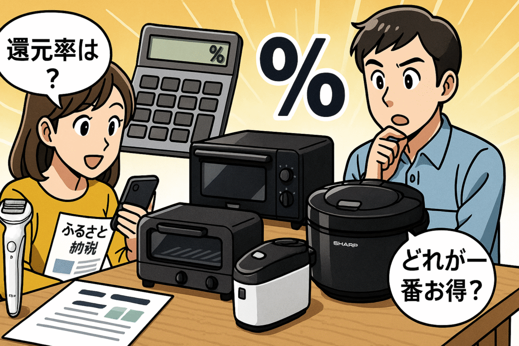 ふるさと納税の家電返礼品の還元率をイメージした漫画風イラスト。テーブルに家電と電卓、％マークが描かれ、男女が「どれがお得？」と比較している。