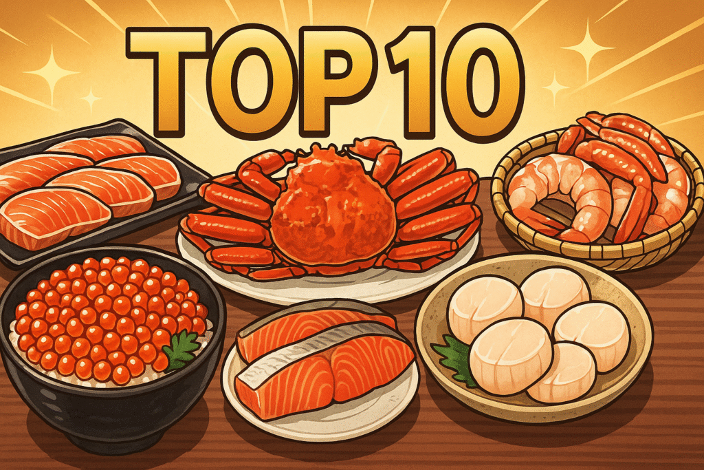 ふるさと納税 魚介・海鮮返礼品の総合ランキングTOP10を表現した漫画風イラスト。いくら、ホタテ、カニ、鮭、えびが整然と並ぶ