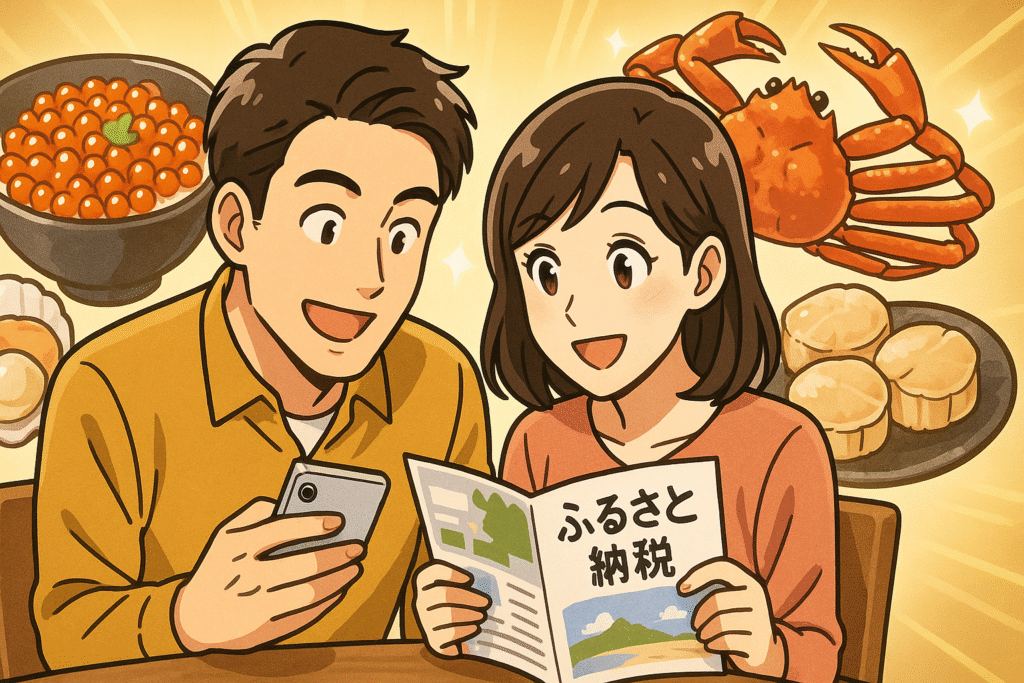 ふるさと納税の魚介返礼品が人気な理由を示す漫画風イラスト。夫婦がスマホで比較し、背景にいくら丼やカニ、ホタテが浮かぶ。