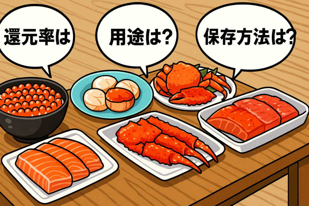 ふるさと納税の海鮮返礼品の選び方を示す漫画風イラスト。魚介セットと吹き出し「還元率は？ 用途は？ 保存方法は？」が表示。