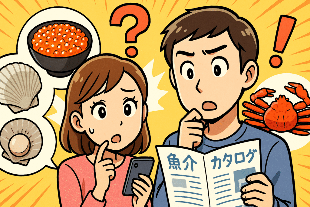 ふるさと納税の魚介返礼品Q&Aを表現した漫画風イラスト。男女が首をかしげてスマホを見る。背景に“？”“！”といくら・ホタテ・カニのイラスト。