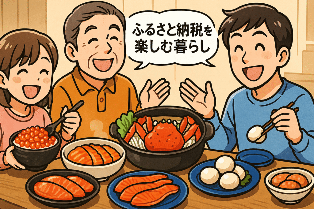 ふるさと納税の海鮮返礼品を家族で楽しむ漫画風イラスト。食卓にいくら丼、ホタテ料理、カニ鍋が並び、笑顔の団らんシーン。