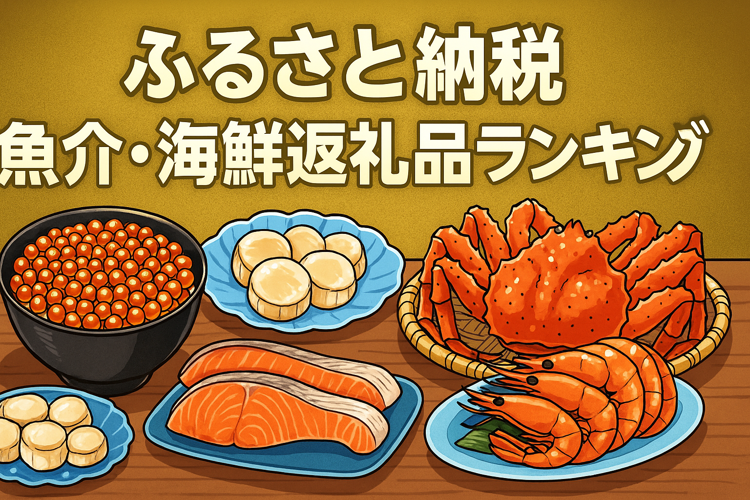 ふるさと納税の魚介・海鮮返礼品ランキングを表す漫画風イラスト。いくら丼、ホタテ、ズワイガニ、鮭、えびが豪華に並ぶ。