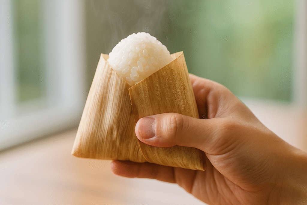 経木で包んだおにぎりを手に持つ様子。湯気が立ち、木のシートが水分を適度に吸収している
