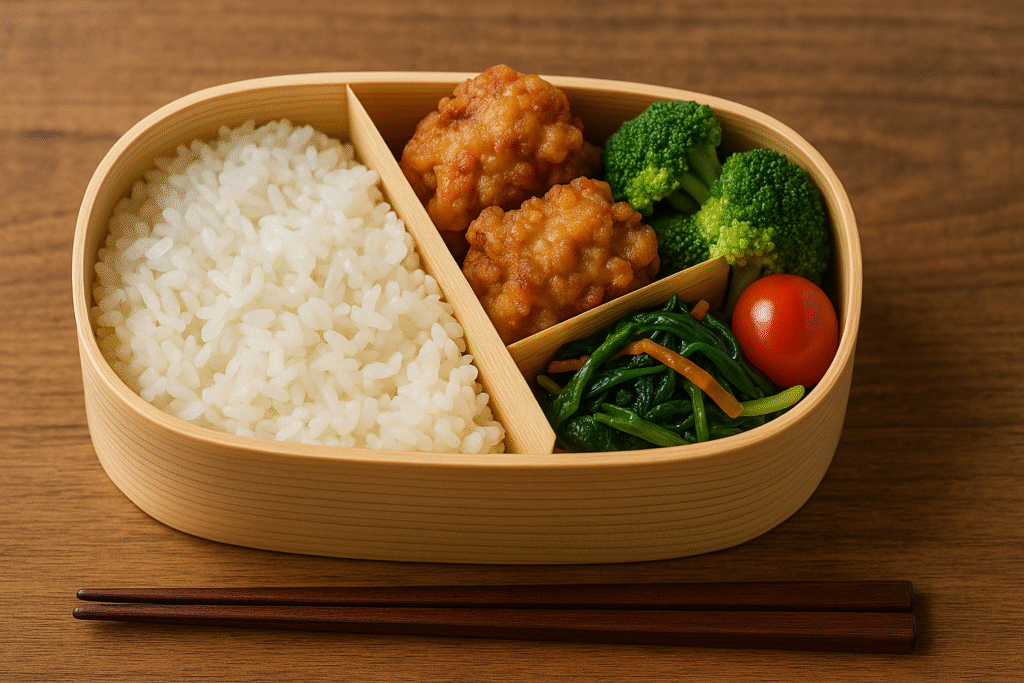 経木を仕切りに使った弁当。ご飯、唐揚げ、野菜がきれいに分けられ、木の仕切りで見た目も整っている