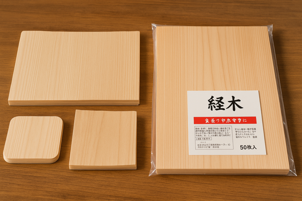小サイズ、大サイズ、パッケージ入りの経木が木のテーブルに並んでいる。比較しやすいよう整列した配置