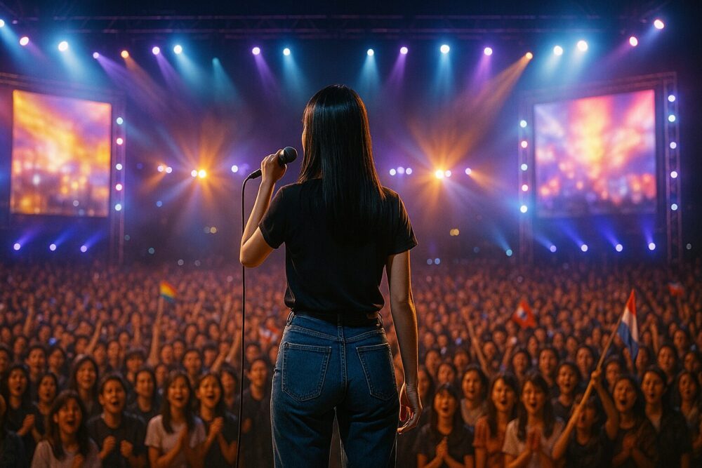 メジャーデビュー後に大きなステージで世界に向けてパフォーマンスするちゃんみなをイメージした画像。