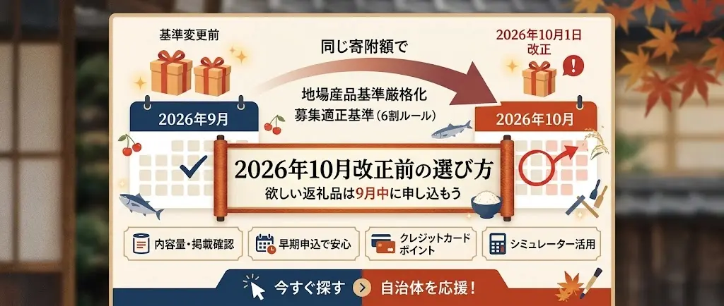 2026年10月1日の地場産品基準厳格化・6割ルール導入に伴う返礼品内容変更の注意点と、9月30日までの寄附を推奨するカレンダー比較図解イラスト。