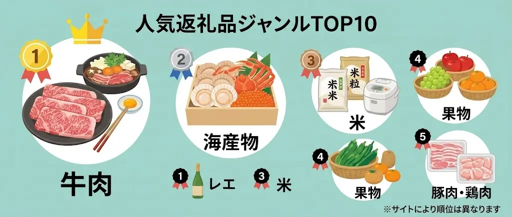 ふるさと納税で人気の返礼品ジャンルTOP10（牛肉、海産物、お米、果物、家電など）の特徴をまとめた横断比較インフォグラフィックイラスト。