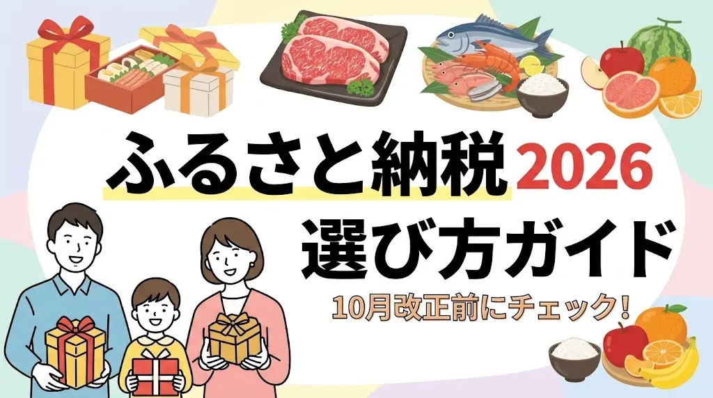 2026年10月制度改正前のふるさと納税おすすめ返礼品と選び方を解説するブログ記事のアイキャッチ画像。和牛・海鮮・果物・米などの豪華な特産品と「ふるさと納税 2026 選び方ガイド」の文字。