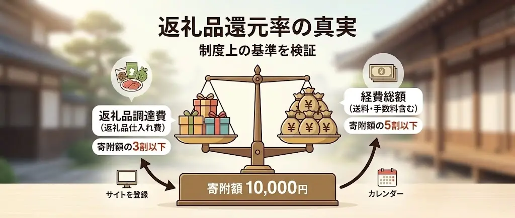 寄附金1万円に対する返礼品調達費の上限（3割・3,000円以下）と募集経費（5割以下）のルールを天秤とグラフで検算・解説する図解イラスト。