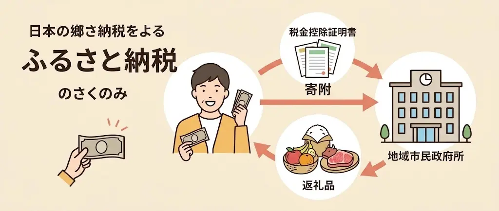 自治体への寄附・返礼品の受け取り・税金控除（所得税および住民税）のサイクルと、実質2,000円負担の仕組みをわかりやすく解説したふるさと納税の仕組み図解イラスト。