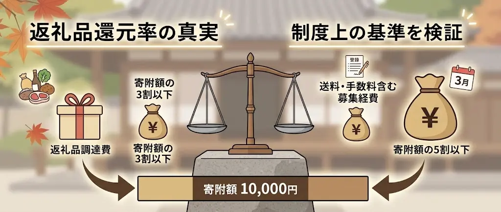 ふるさと納税返礼品の選び方のポイント。家族構成、保存スペース・消費期限、実用的なコスパ、2026年10月の制度変更の4つの重要視点をまとめた図解イラスト。