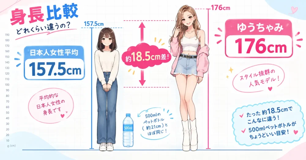 176cmと女性平均157.5cmの18.5cm差を示す図