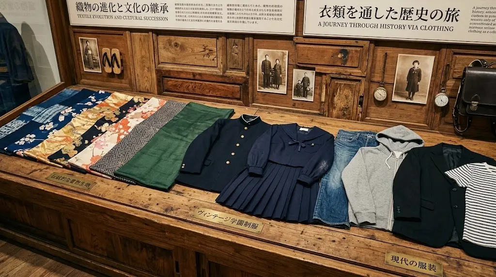 平安から明治までの衣替えの変遷を表す和洋の衣類