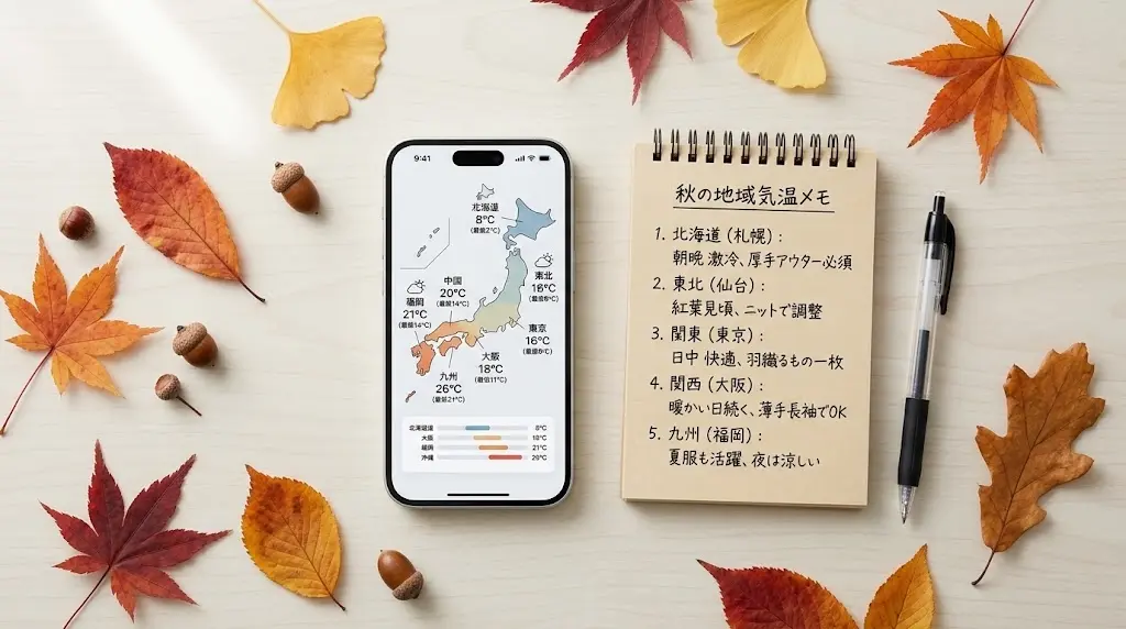 日本地図と地域別の気温データを並べた机の上