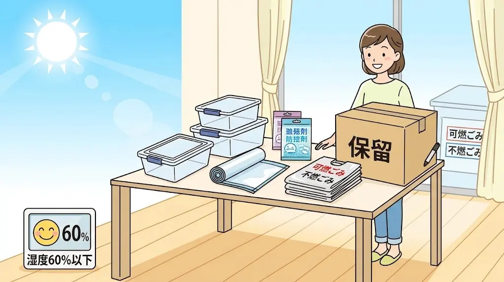 湿度60%以下の晴れた日に道具を用意する場面