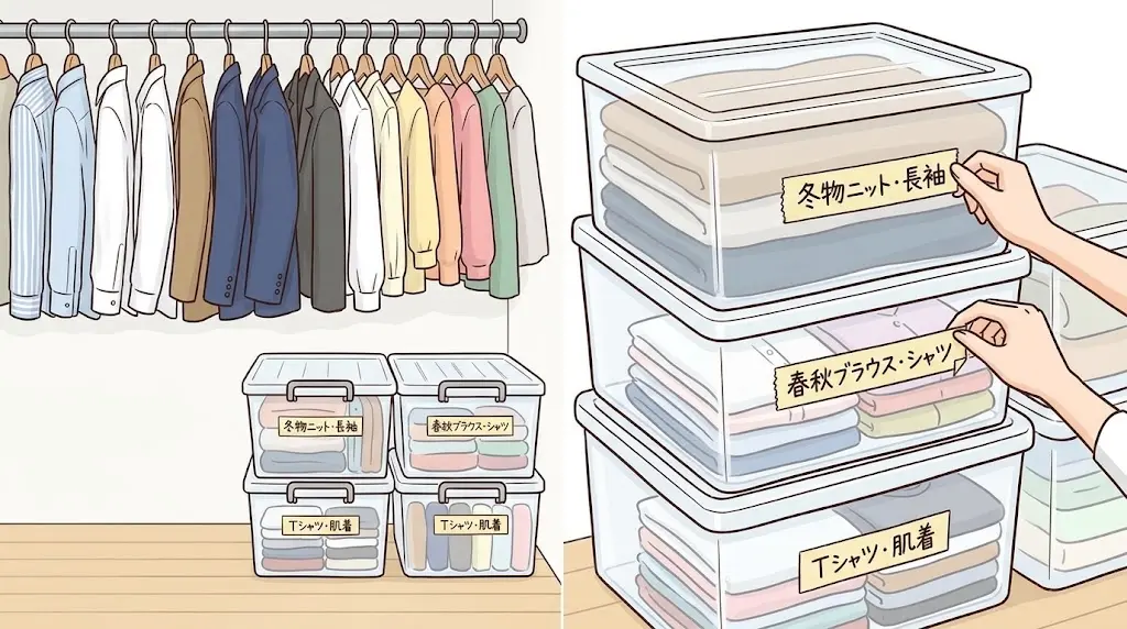 ラベルを貼った収納ケースに衣類をしまう図