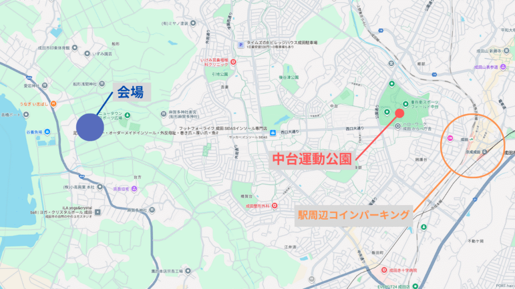 成田花火大会の会場とおすすめの駐車場をしめした地図